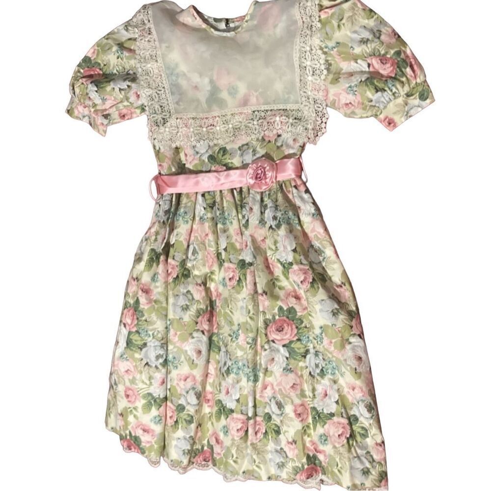 Girls Kids Nicole Vintage 80s SZ 10 FLORAL Dress LACE SO Pretty VTG